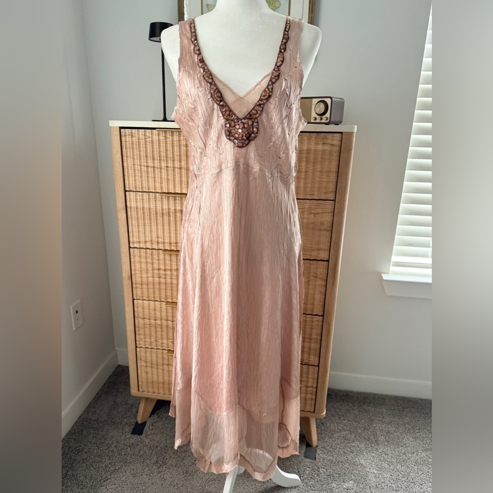 Komarov XL pale pink beaded dress chiffon sheer bottom